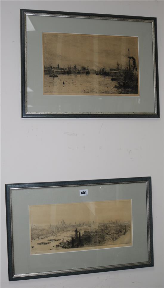 William Lionel Wyllie, two etchings, The City of London and View along the Thames, both signed in pencil, 18 x 39cm and 24 x 39cm